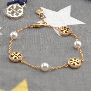 Tory Burch Miller Pavé Pearl Chain Bracelet in Gold (Brand New with Dust Bag)